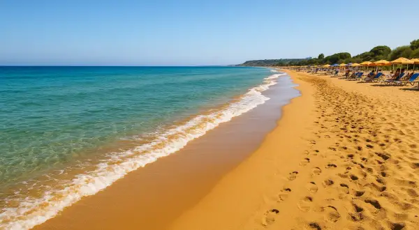 Spiagge bianche di Ragusa, con mare cristallino e ombrelloni gialli che invitano al relax.