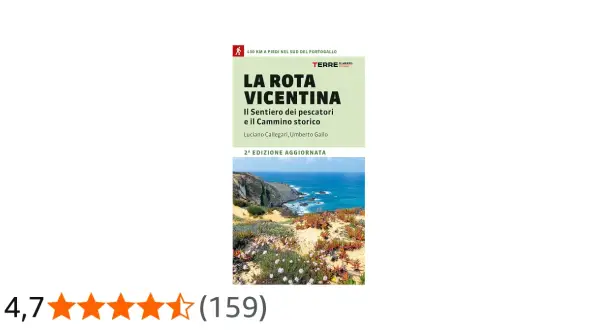 Copertina del libro "La Rota Vicentina", con paesaggio costiero e indicazioni sulle tappe del cammino.