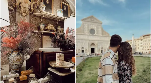 Co zobaczyć we Florencji w 4 dni: uroczy sklep z mydłami i para podziwiająca fasadę kościoła Santa Maria Novella.