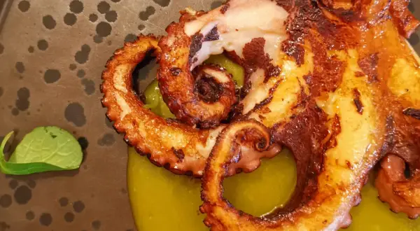 Tentacoli di polpo grigliato su crema verde, un'ottima idea su cosa mangiare ad Agrigento per un'esperienza culinaria indimenticabile.