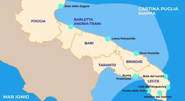 Mappa dei paesi della Puglia, con Foggia, Bari, Taranto, Brindisi e Lecce. Include località come Baia delle Zagare e Maldive del Salento.