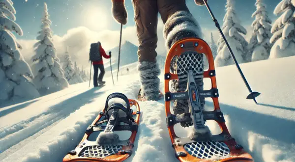 Racchette per camminare sulla neve pronte per un'avventura invernale tra alberi innevati e un sole brillante.