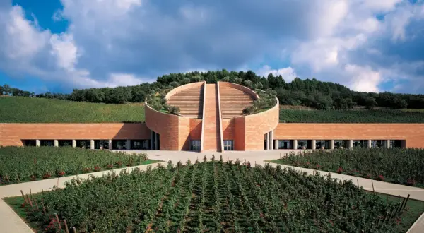 Cantine toscana famose: un edificio moderno in mattoni rossi, circondato da vigneti rigogliosi e alberi, con una scalinata semicircolare che sale verso il cielo.