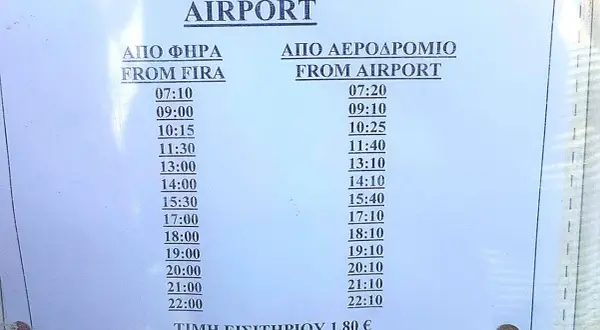 Orari bus Santorini: come muoversi dall'aeroporto a Fira e viceversa. Prezzo biglietto 1,80 €.
