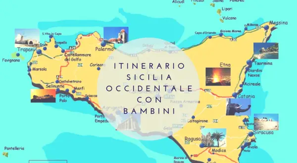 Mappa dell'itinerario in Sicilia occidentale con bambini: cosa visitare tra Trapani, Palermo, Agrigento, Etna e Siracusa.