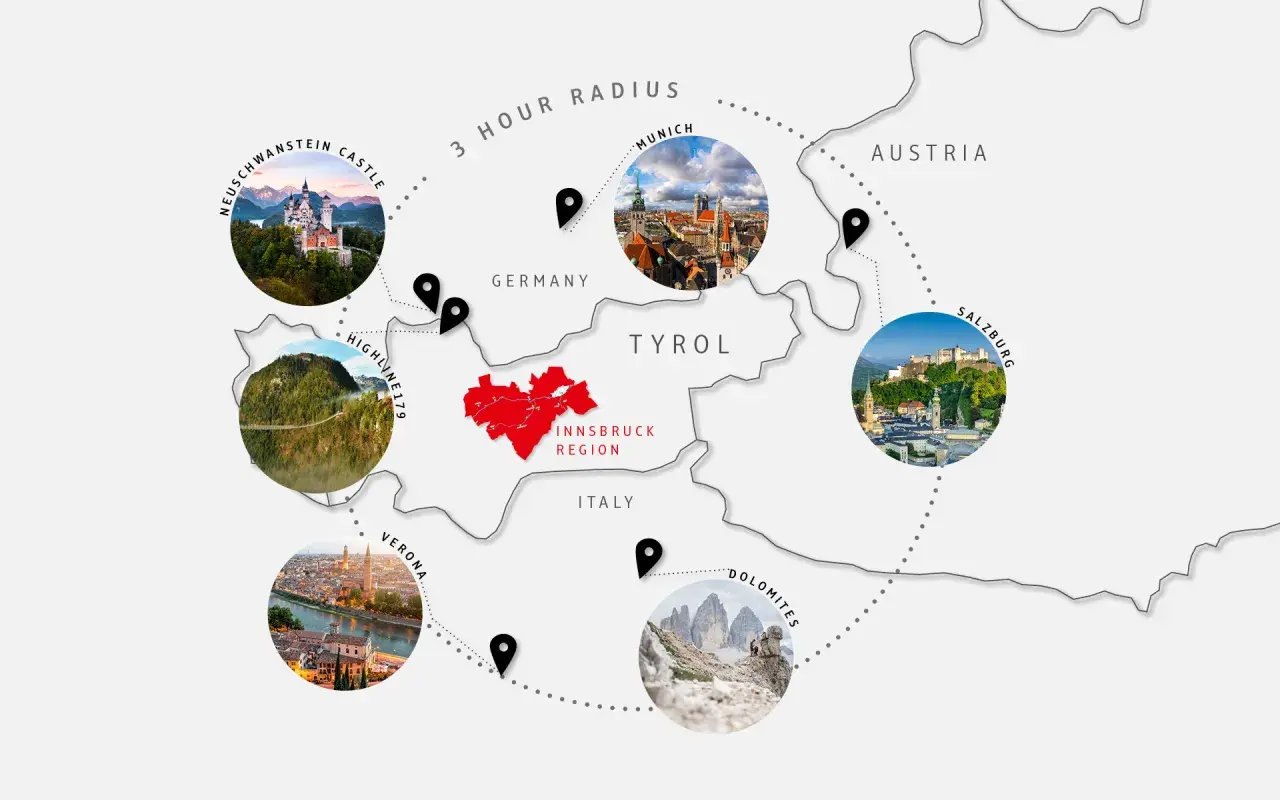 Mappa che mostra cosa vedere in un giorno da Innsbruck: castelli, ponti, città e montagne in Austria, Germania, Italia.