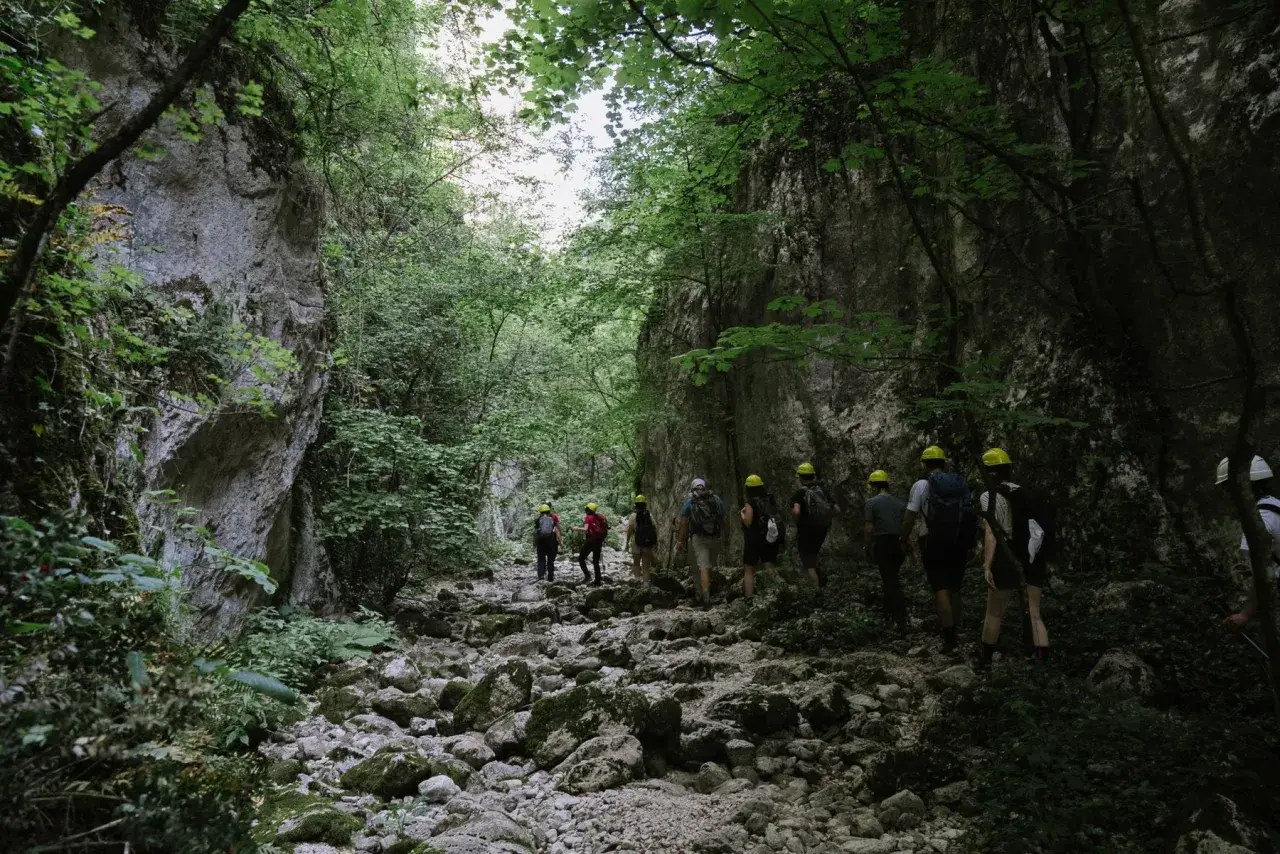 Un gruppo di escursionisti con caschi gialli attraversa un suggestivo canyon in Italia, tra rocce e vegetazione lussureggiante.