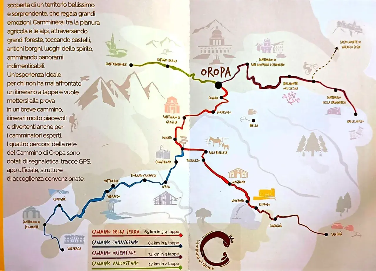 Mappa illustrata del Cammino di Oropa, con percorsi, santuari e borghi. Un viaggio tra natura e spiritualità.
