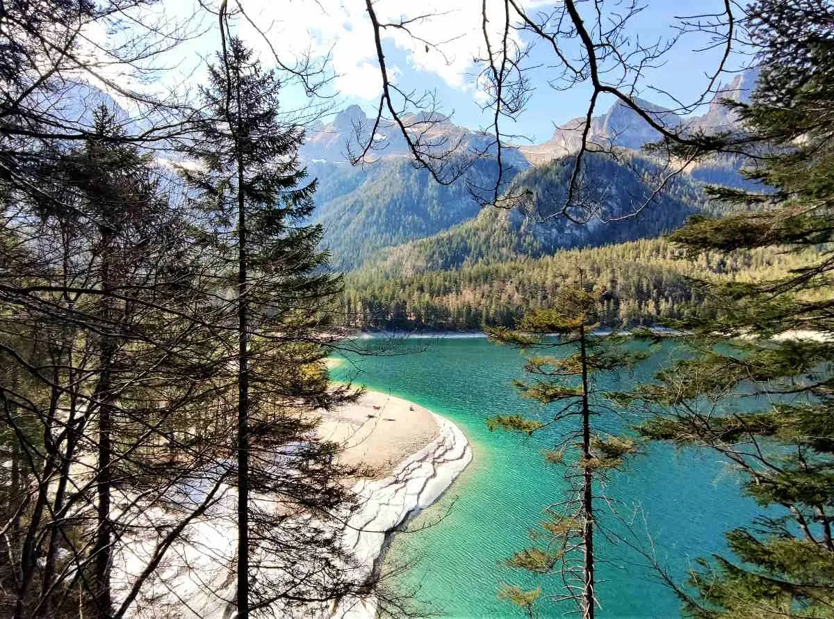 Un lago turchese incastonato tra montagne boscose, con una spiaggia sabbiosa che si estende nel **Val di Non**.
