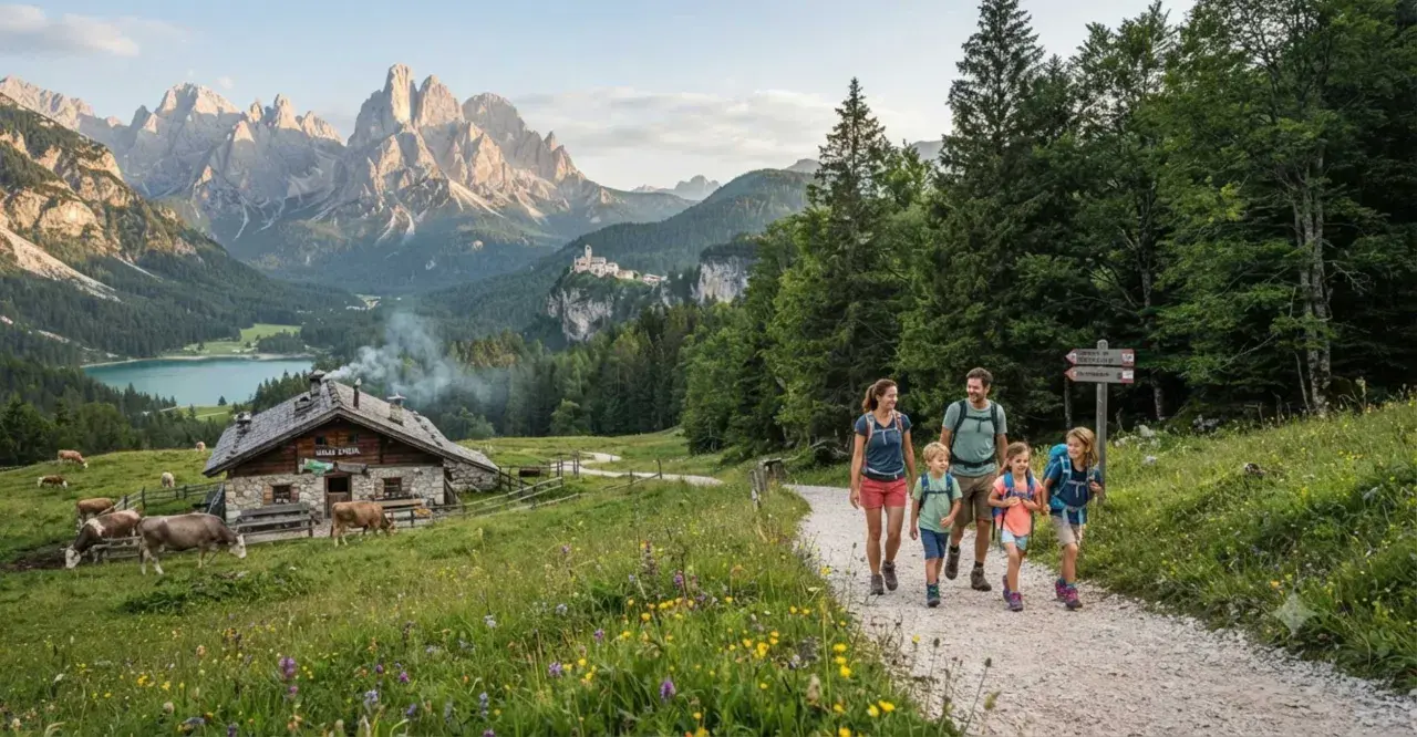 Famiglia in escursione in Trentino, con un rifugio alpino, mucche al pascolo e montagne maestose sullo sfondo.