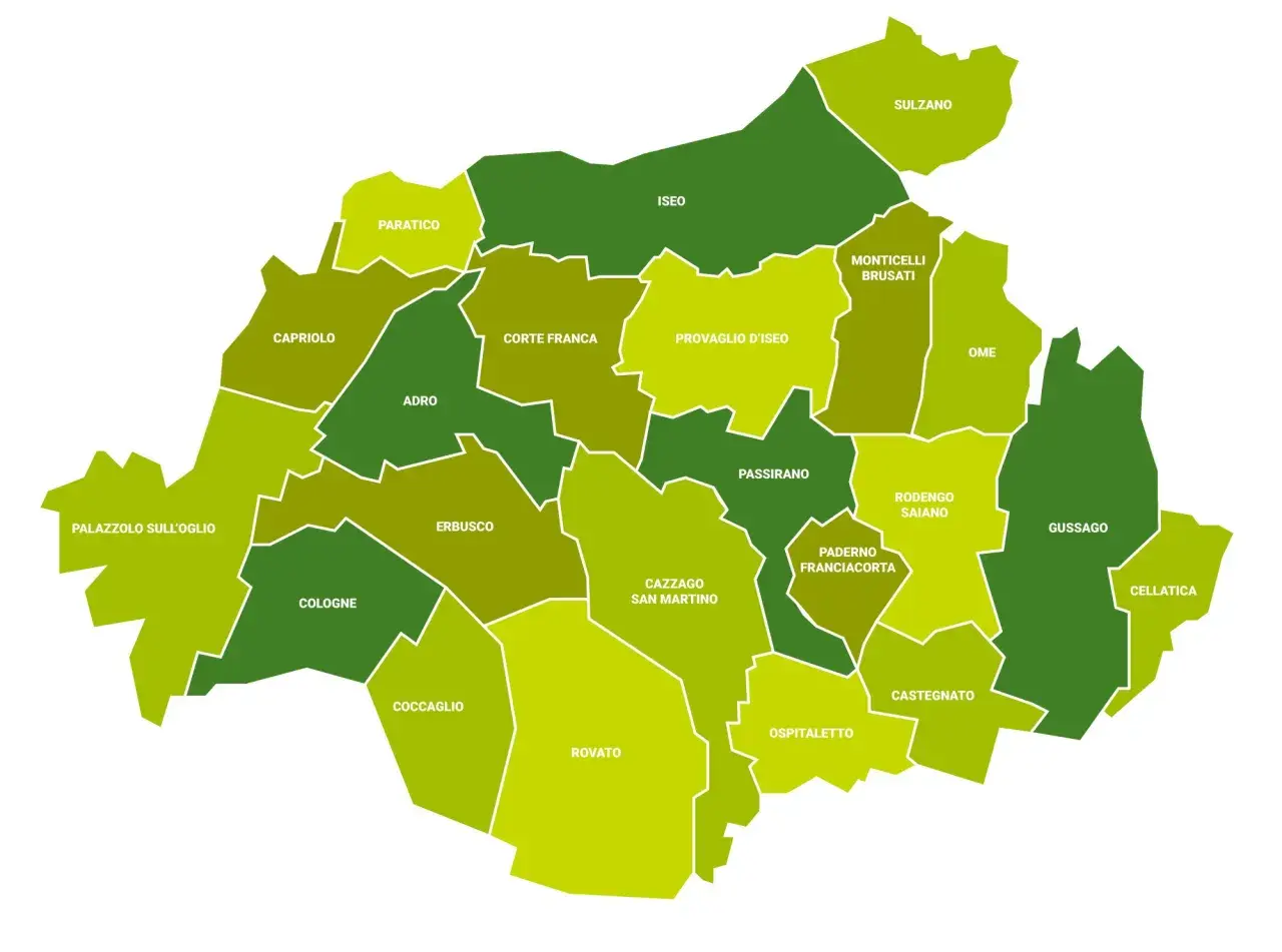 Mappa dei comuni della Franciacorta, dove si trova questa rinomata zona vinicola.