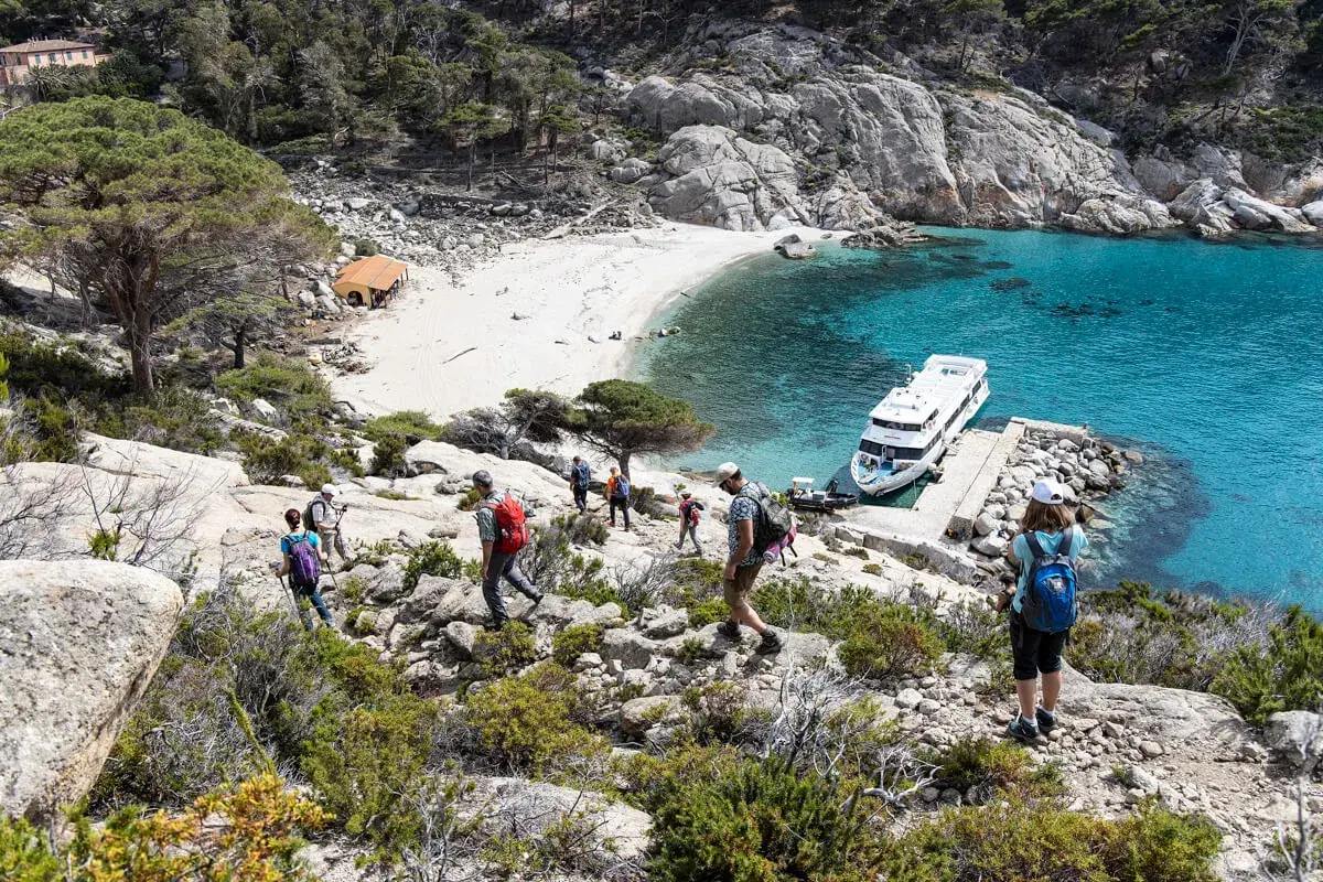 Escursionisti esplorano i sentieri rocciosi dell'isola di Montecristo, con una spiaggia bianca e acque turchesi. Una nave attende al molo.