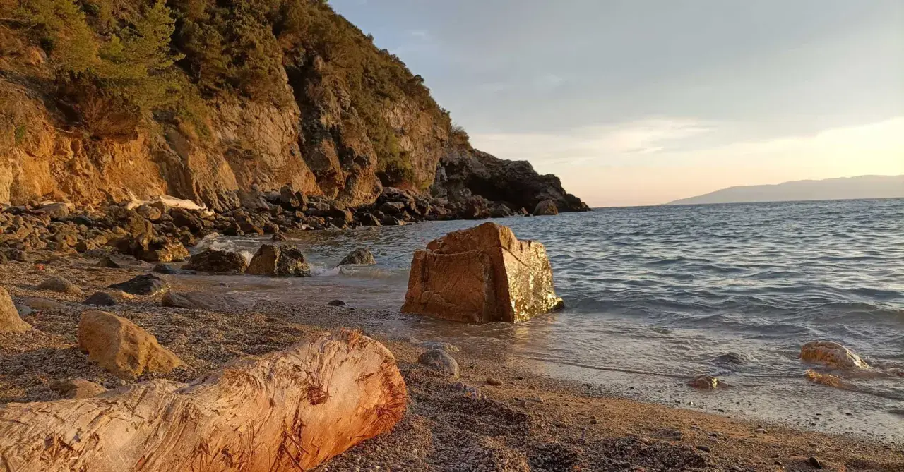 Spiaggia di Cala del Gesso al tramonto, con scogli dorati e un tronco sulla riva.