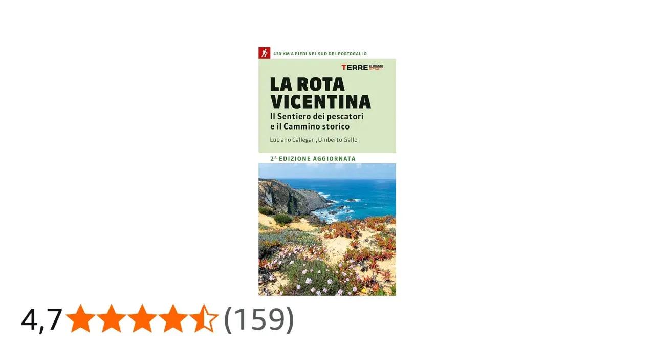 Copertina del libro "La Rota Vicentina", con paesaggio costiero e indicazioni sulle tappe del cammino.