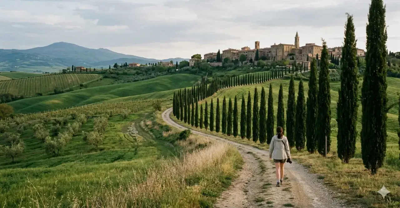 Passeggiata panoramica tra cipressi e colline verdi, un'idea su cosa fare in Val d'Orcia per godersi la bellezza della Toscana.