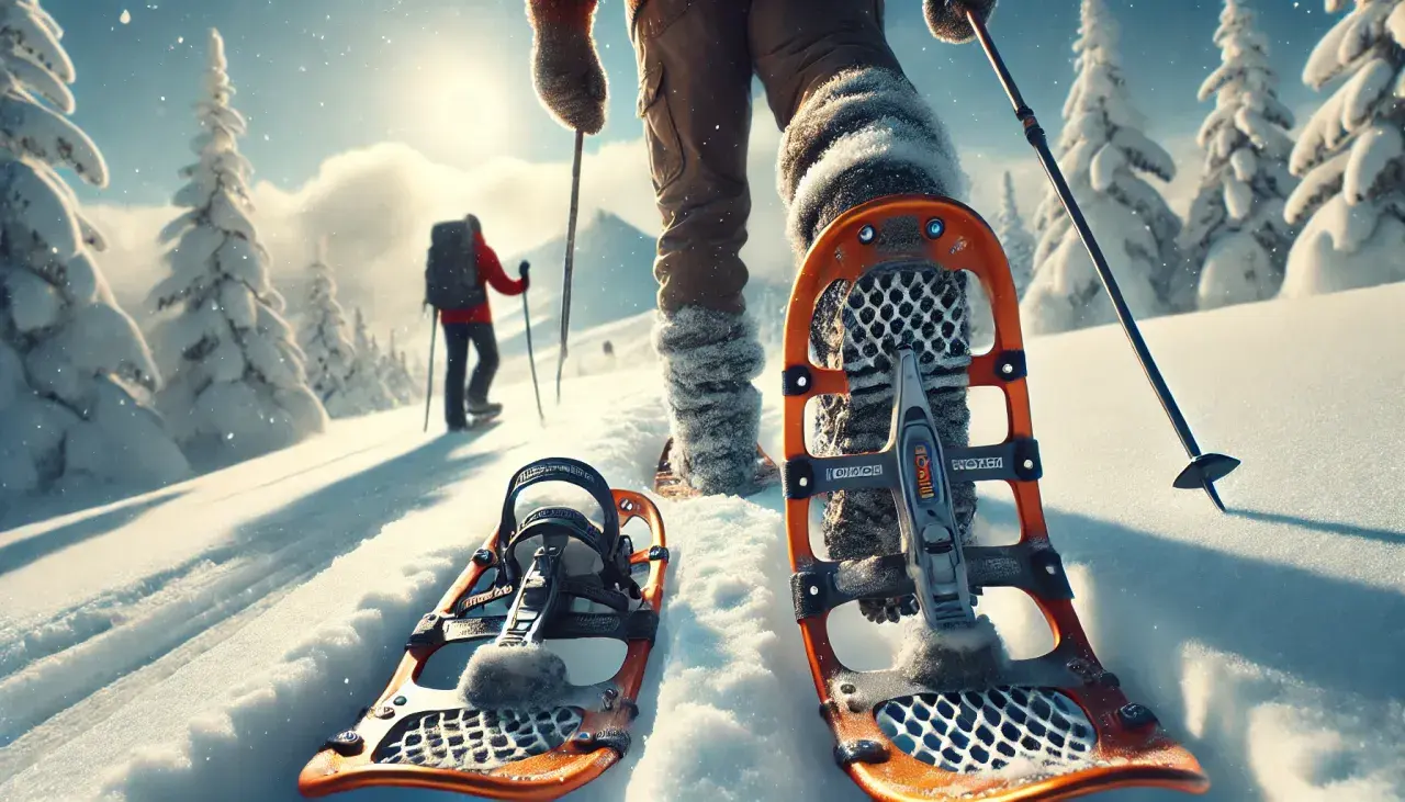 Racchette per camminare sulla neve pronte per un'avventura invernale tra alberi innevati e un sole brillante.