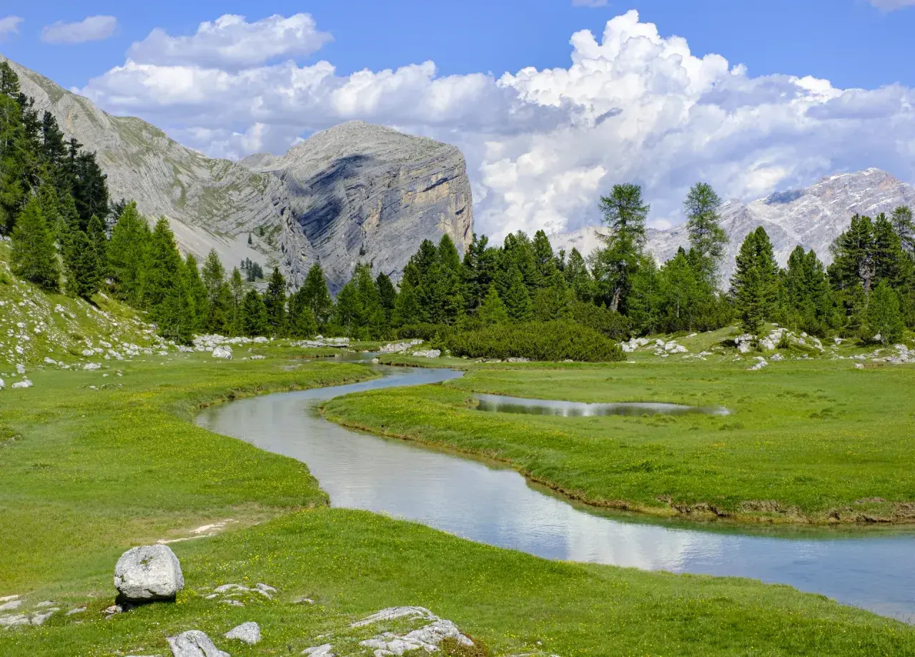 Un sereno sentiero di montagna serpeggia tra prati verdi e un ruscello cristallino, con imponenti vette sullo sfondo.