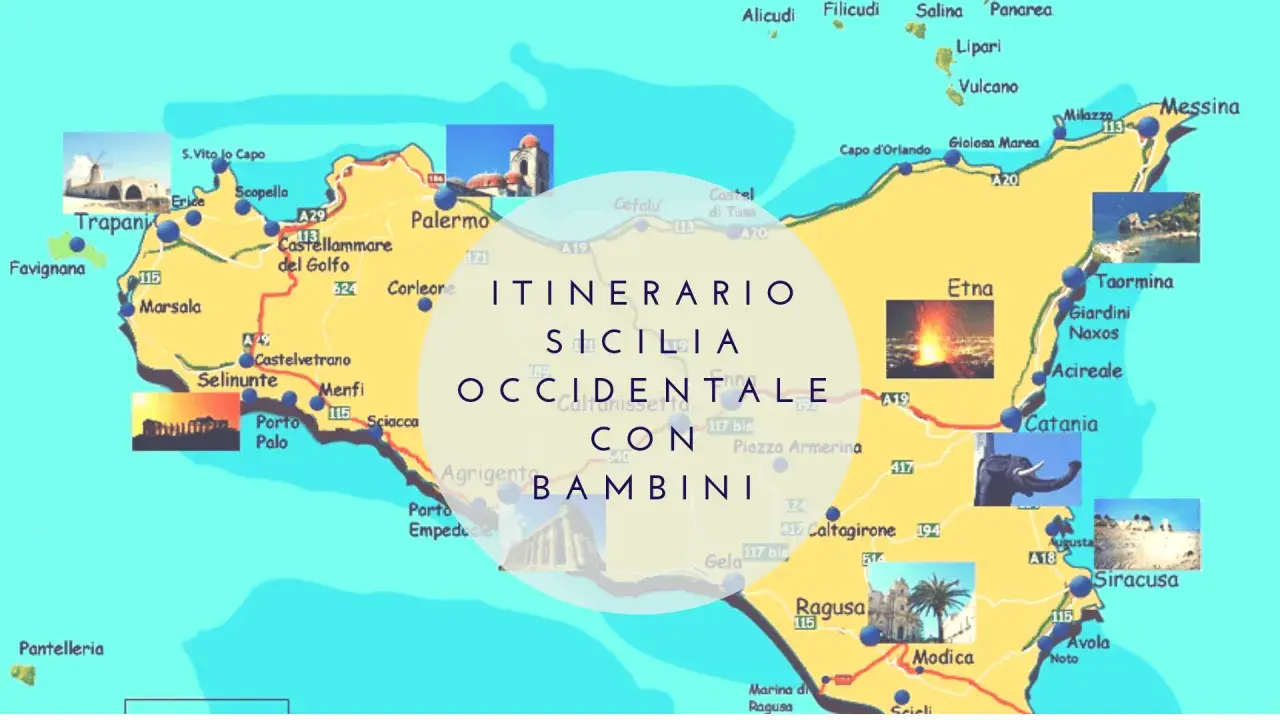 Mappa dell'itinerario in Sicilia occidentale con bambini: cosa visitare tra Trapani, Palermo, Agrigento, Etna e Siracusa.