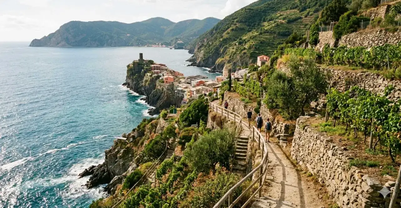 Sentiero panoramico tra i vigneti delle Cinque Terre, con vista sul mare blu e i colorati borghi aggrappati alla scogliera.