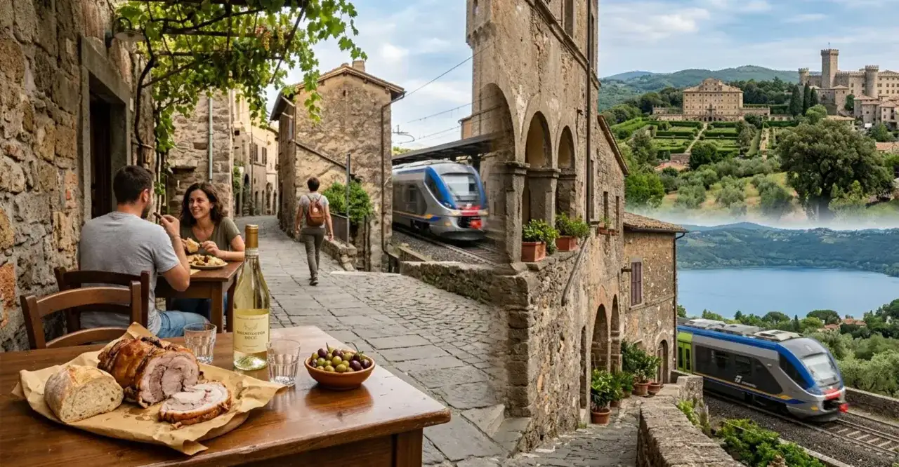 Coppia mangia in un borgo vicino Roma, con treno che passa e vista su lago e castello.