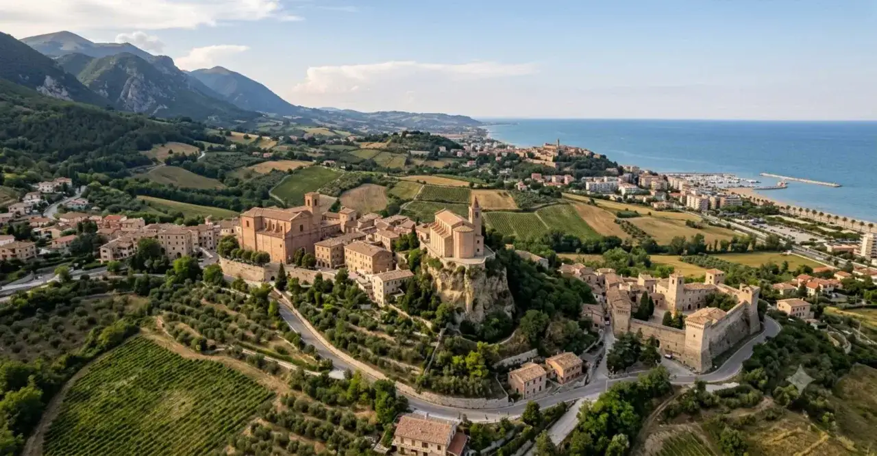 Borghi da visitare vicino Ascoli Piceno: un castello medievale e chiese storiche su colline verdi, con il mare all'orizzonte.