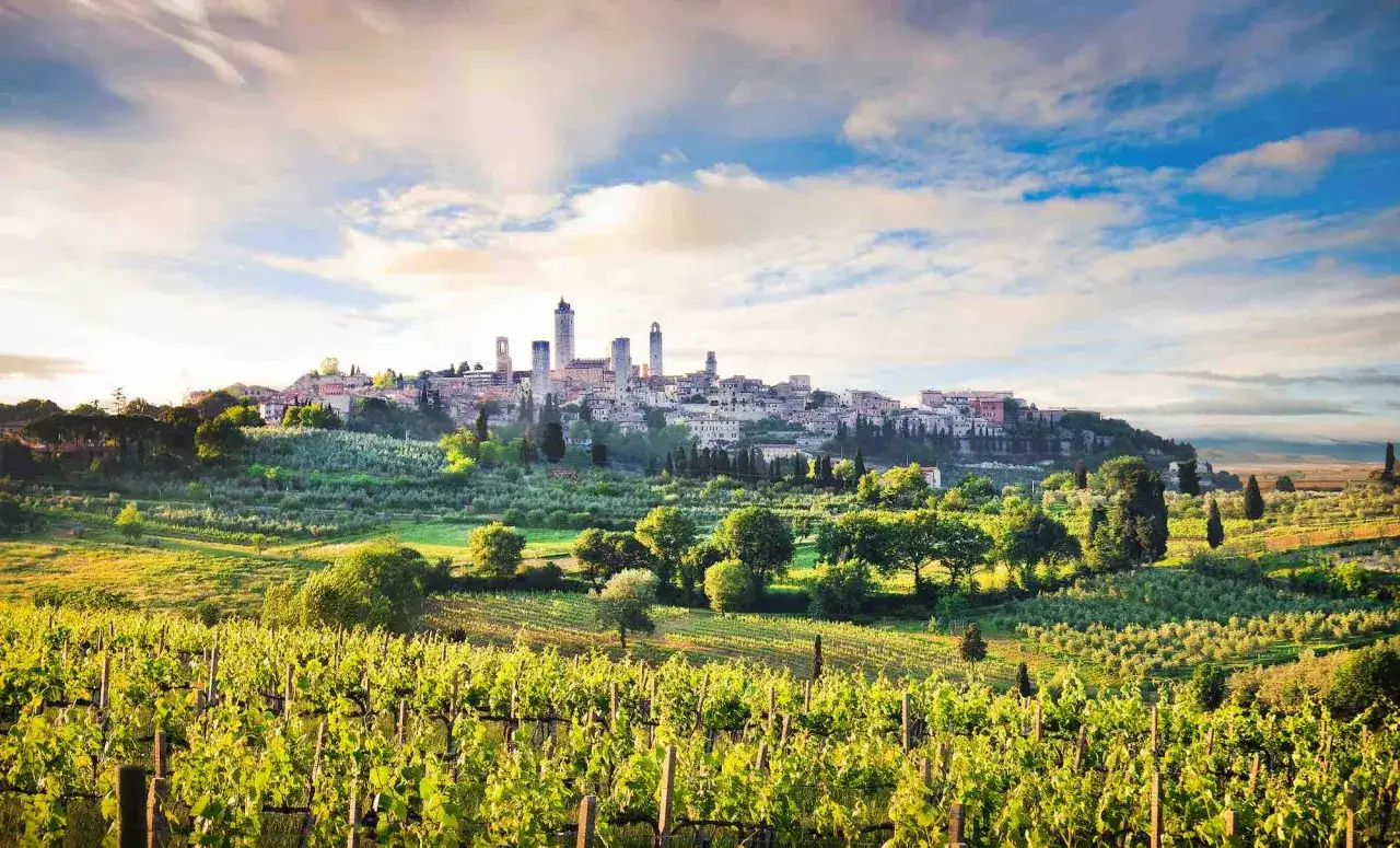 Panoramica di San Gimignano, con le sue torri medievali che svettano su colline verdi e vigneti rigogliosi. Un'immagine iconica del Chianti: cosa vedere per un viaggio indimenticabile.