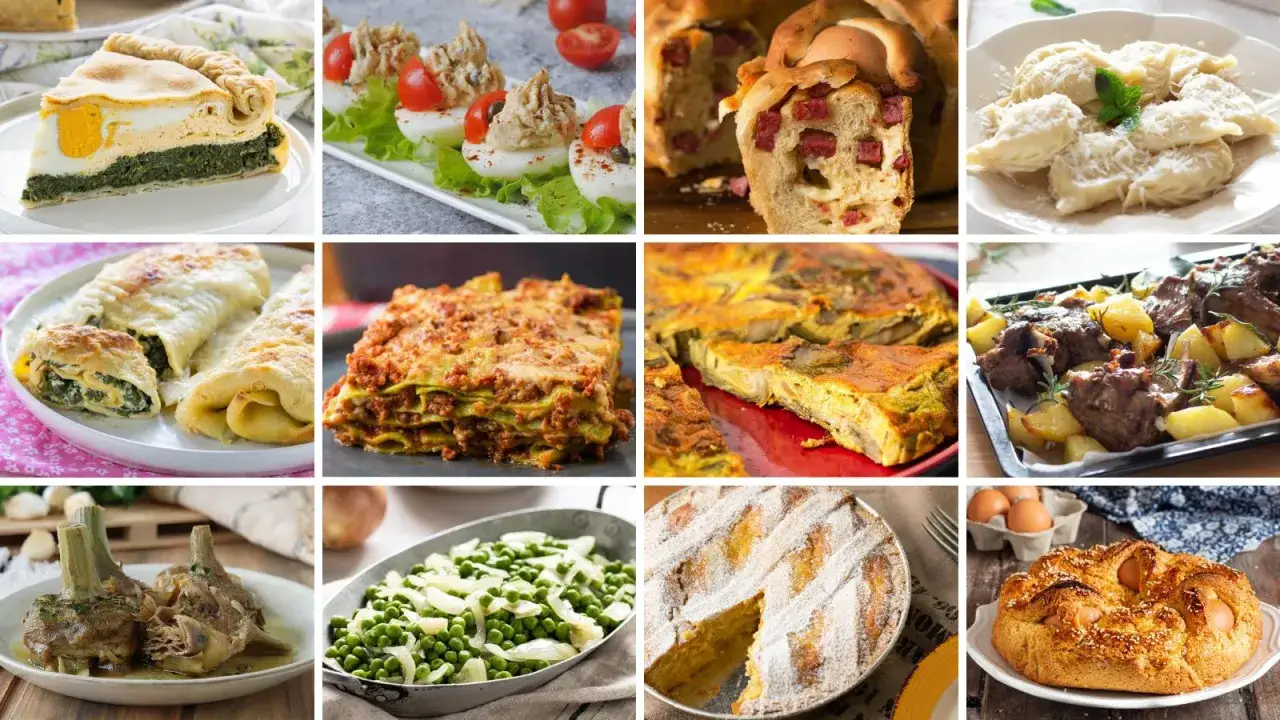 Un collage di piatti che compongono un menù di Pasqua tradizionale: lasagne, torte salate, agnello, dolci e verdure.