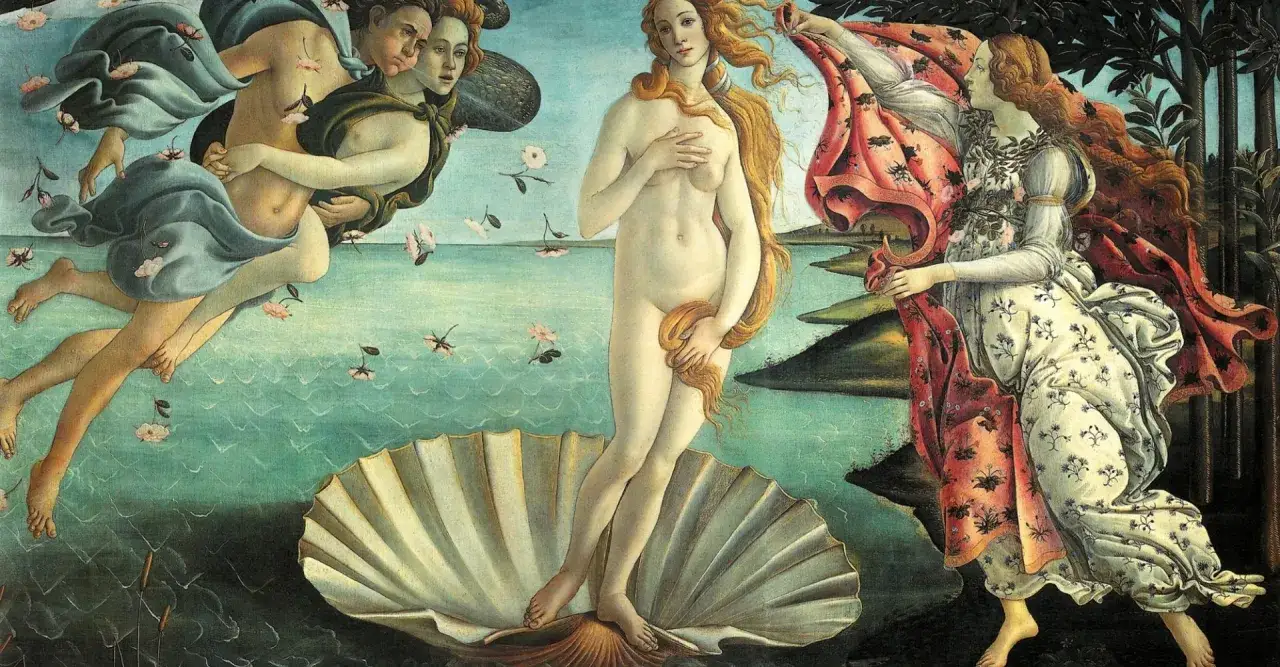 La Nascita di Venere, capolavoro che spiega cosa sono gli Uffizi, con la dea che emerge dal mare su una conchiglia, spinta da Zefiro e accolta da una ninfa.