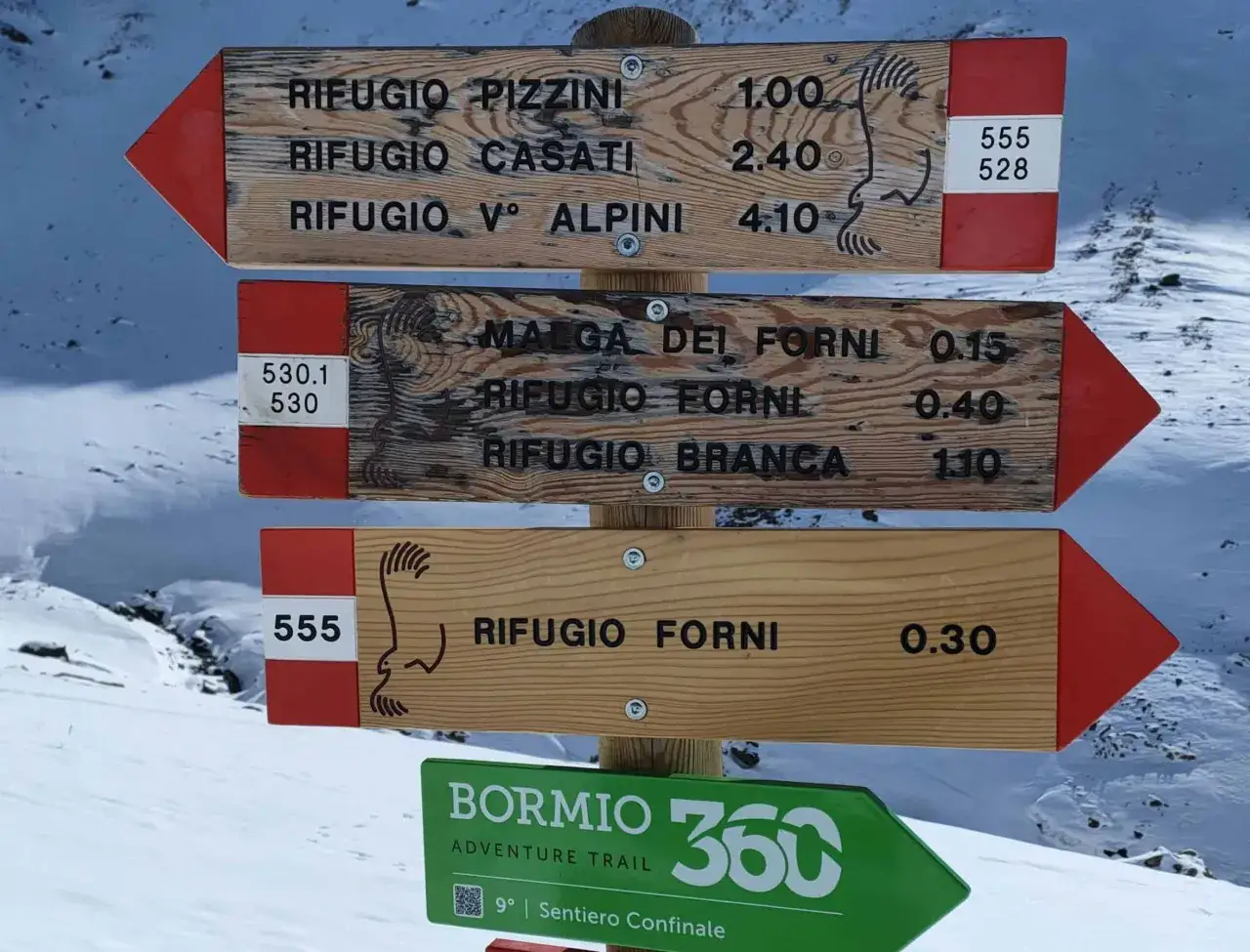 Cartello con indicazioni per rifugi alpini e sentieri di montagna. Il sentiero di montagna è ben segnalato.
