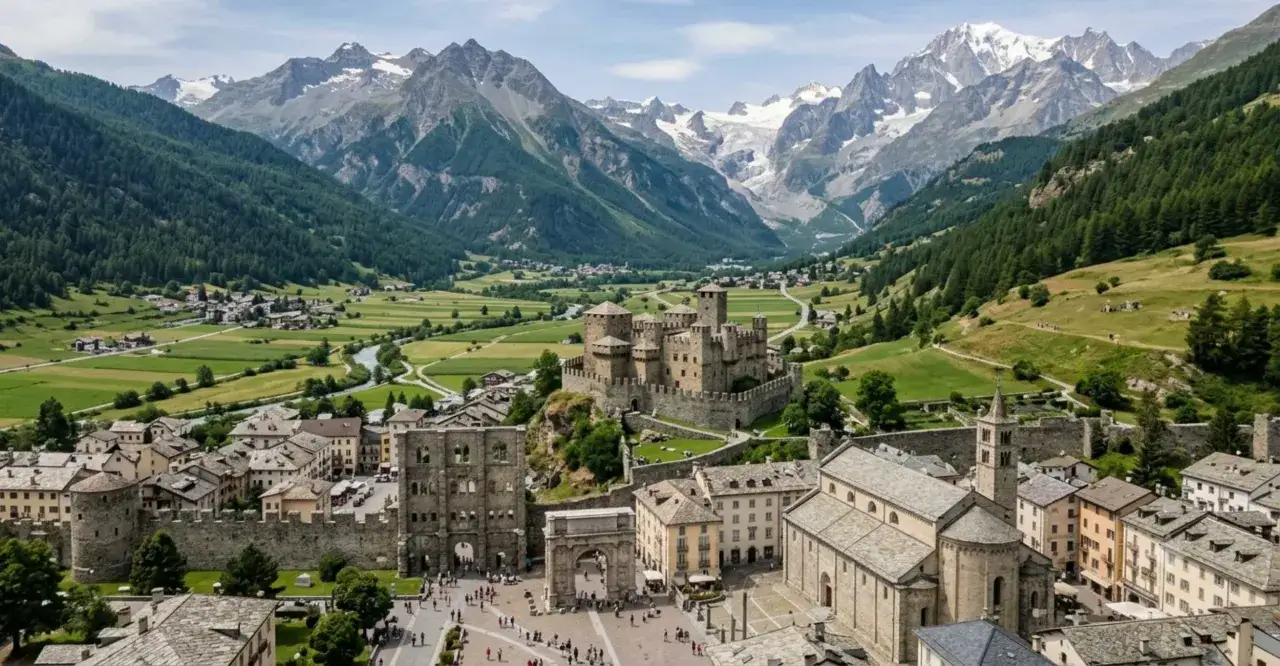 Castello di Fénis e la valle alpina, un gioiello tra i paesi più belli della Valle d'Aosta.
