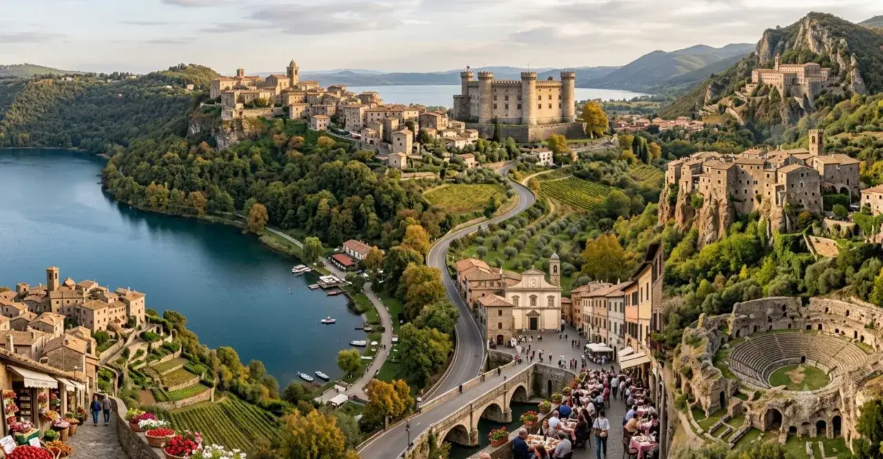 Borghi vicino Roma: un castello domina un lago, case arroccate su colline verdi, un anfiteatro antico e un vivace mercato.