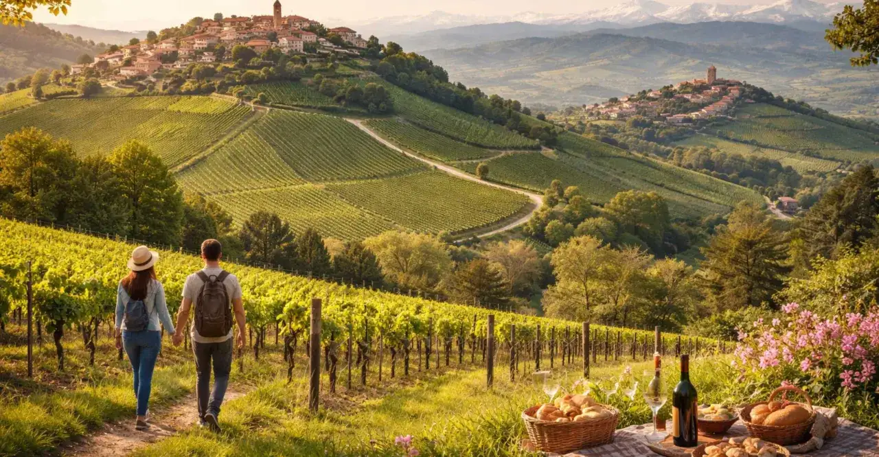 Coppia mano nella mano tra i vigneti delle Langhe e Monferrato, con borghi arroccati sulle colline e montagne sullo sfondo.