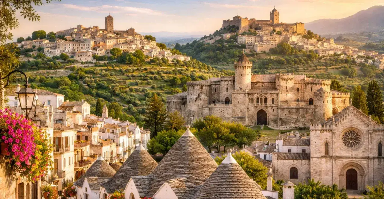 Panoramica di borghi medievali in Puglia con trulli, castelli e una chiesa con rosone, immersi nel verde degli ulivi.