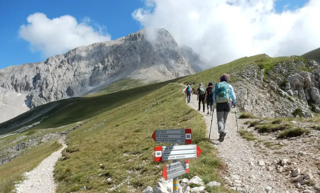 Alpinisti sul sentiero del Gran Sasso, con cartelli segnaletici che indicano le vette.