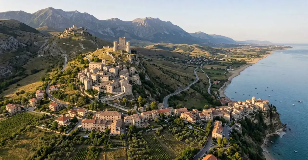 Borghi medievali arroccati su colline con castelli, uliveti e il mare blu. Un'idea di cosa fare in Abruzzo per un viaggio indimenticabile.