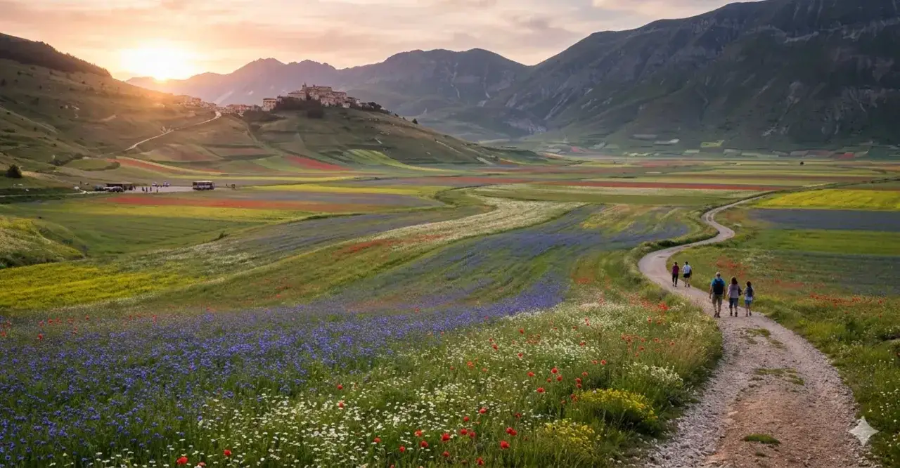 Un sentiero serpeggia tra campi fioriti nel Val di Norcia, con un borgo in collina al tramonto.