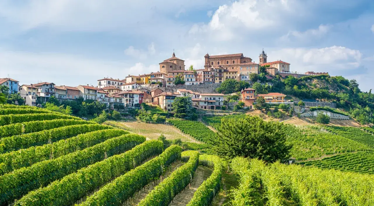 Colline verdi con vigneti rigogliosi che salgono verso un borgo pittoresco, uno dei tanti paesi delle Langhe, sotto un cielo azzurro con nuvole bianche.