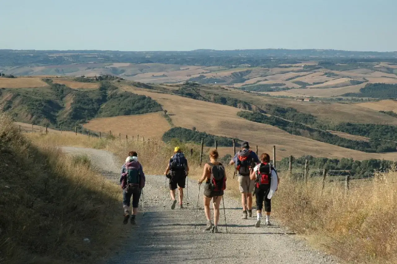 Pellegrini camminano lungo la Via Francigena, attraversando dolci colline toscane sotto un cielo limpido.