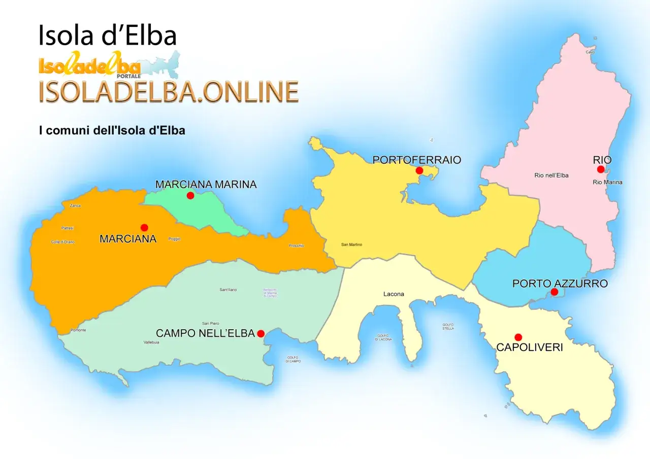 Mappa dell'Isola d'Elba, dove si trova, con i suoi comuni: Marciana Marina, Marciana, Campo nell'Elba, Portoferraio, Rio, Porto Azzurro e Capoliveri.