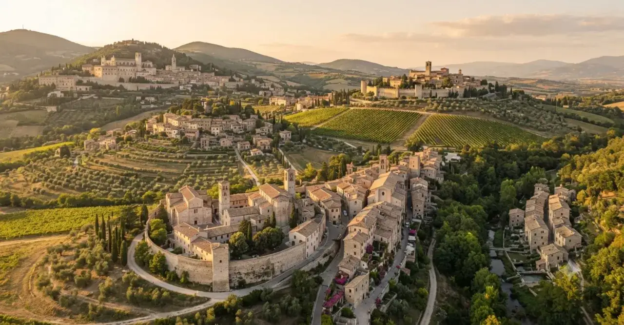 Panoramica aerea di borghi medievali umbria, con case in pietra, uliveti e vigneti che si estendono sulle colline.