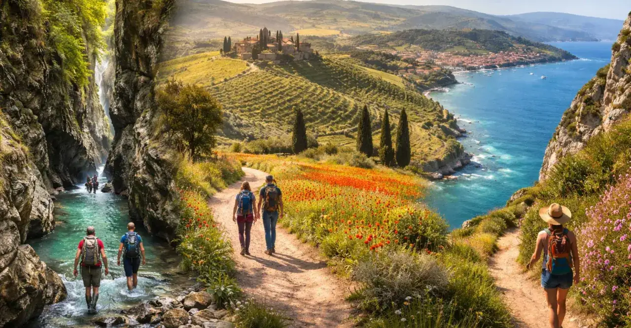 Escursionisti attraversano gole rocciose e sentieri fioriti, godendosi i cammini in Toscana con vista sul mare e colline.