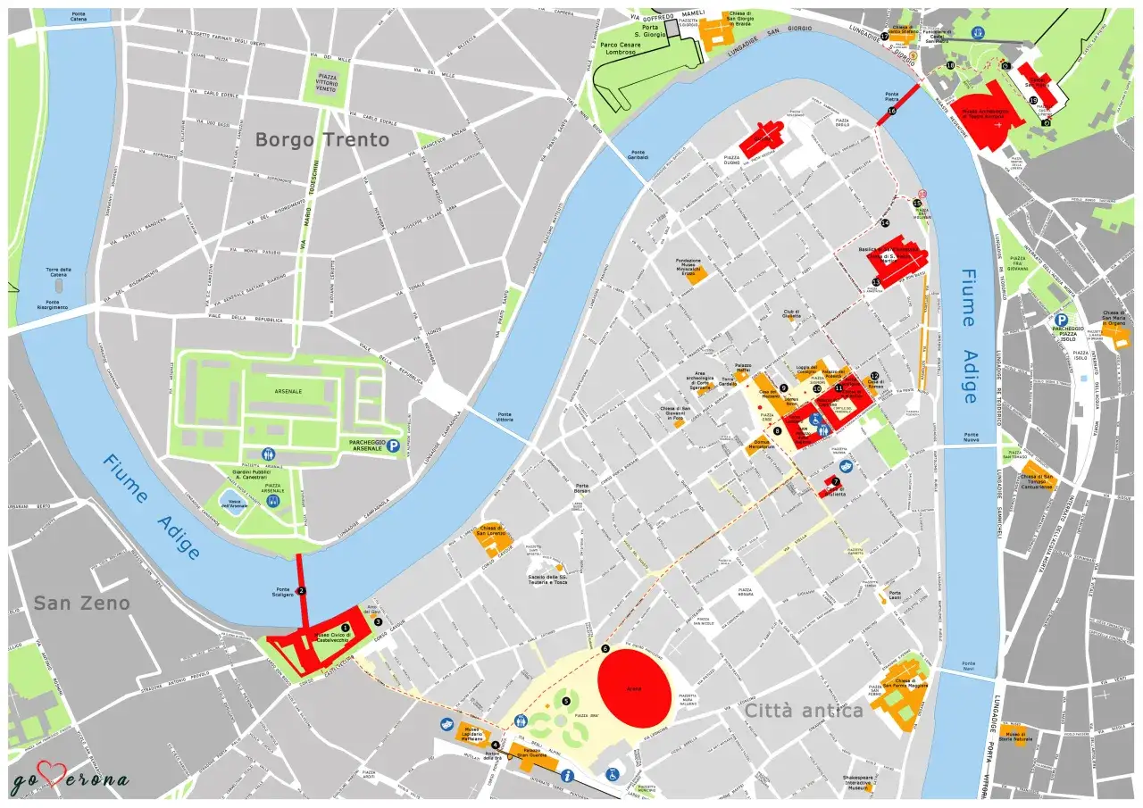 Mappa di Verona con indicazioni su cosa vedere a Verona in un giorno: Arena, Casa di Giulietta, Castelvecchio e il fiume Adige.