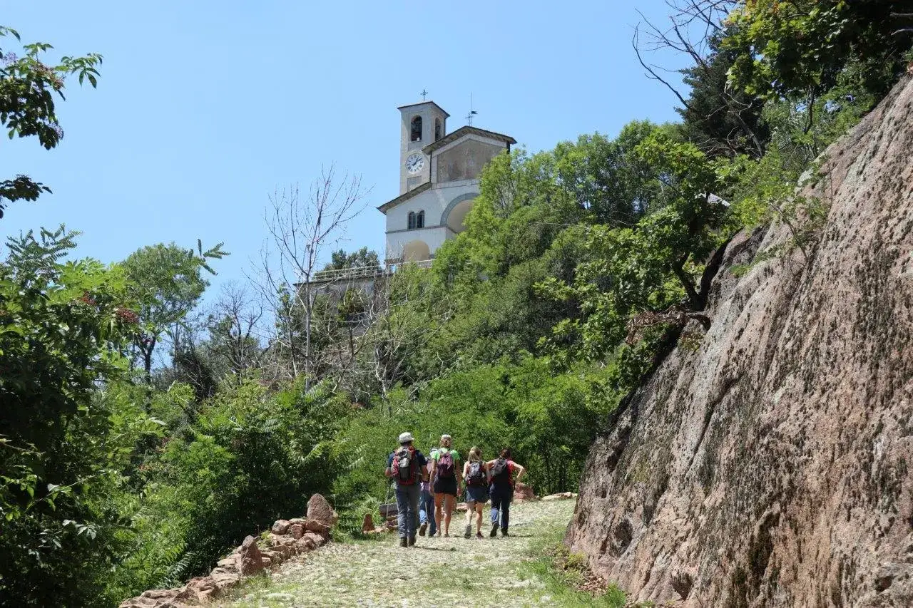 Un gruppo di escursionisti percorre il cammino di Oropa, con la basilica che domina la collina tra il verde degli alberi e la roccia.