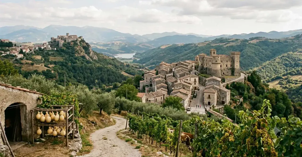 Borghi medievali in Campania, con un castello arroccato su una collina, case in pietra e vigneti rigogliosi.