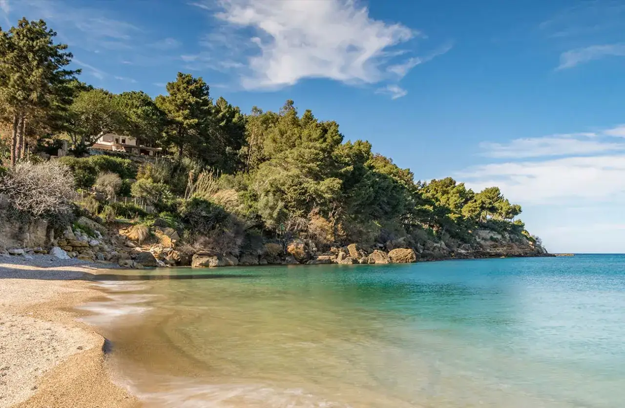 Spiaggia tranquilla con acque cristalline e vegetazione lussureggiante. Un luogo ideale per scoprire cosa fare a Castellammare del Golfo, godendosi la natura.