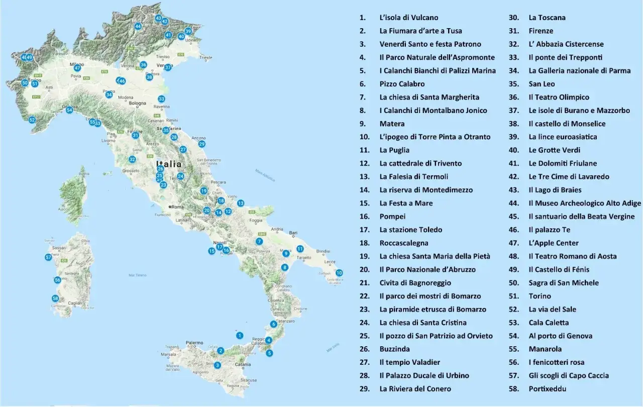 Mappa dell'Italia con punti d'interesse per itinerari camper Italia. Scopri luoghi unici e paesaggi mozzafiato.