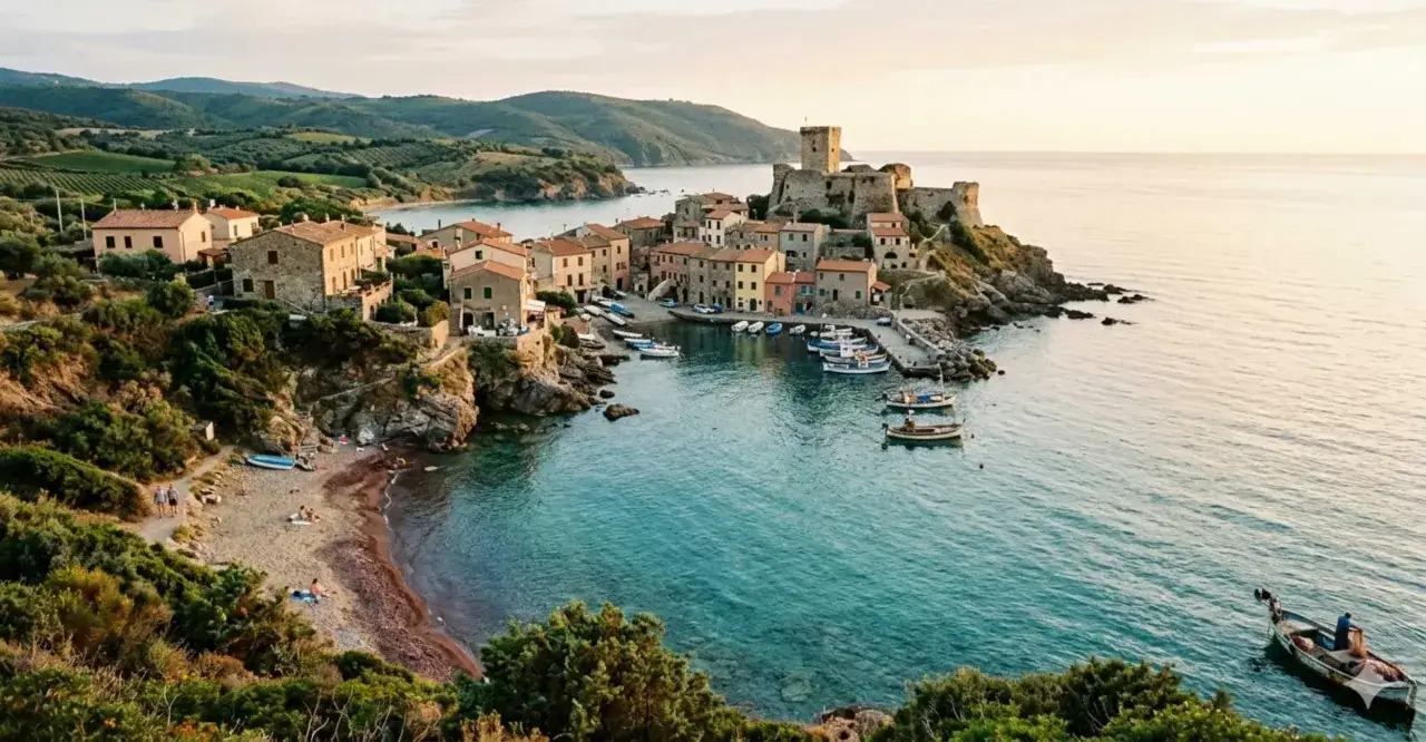 Borgo marinaro con castello medievale, ideale per scoprire cosa visitare in Toscana. Spiaggia e mare cristallino.