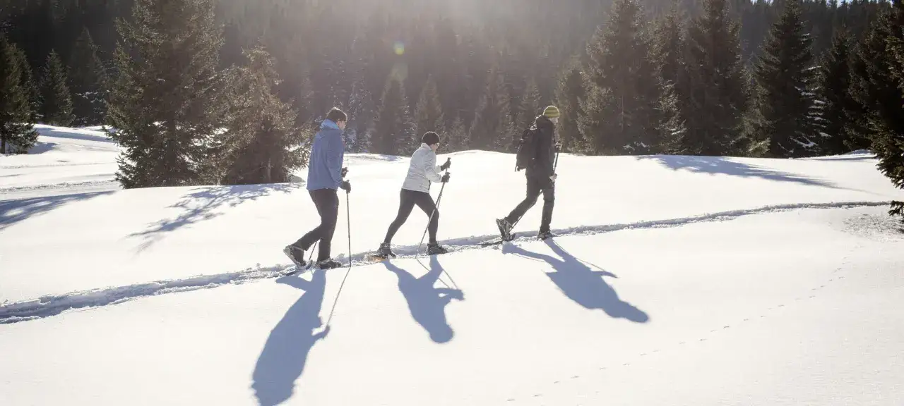 Tre persone fanno una ciaspolata sulla neve, camminando in fila attraverso un paesaggio innevato con alberi sullo sfondo.
