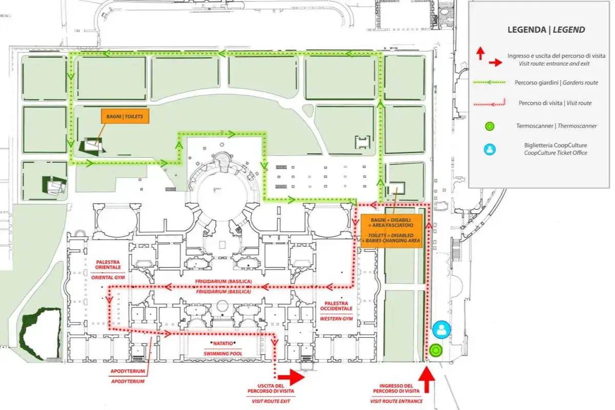 Mappa dei percorsi di visita alle terme di Caracalla, con indicazioni per bagni, palestre e piscina.