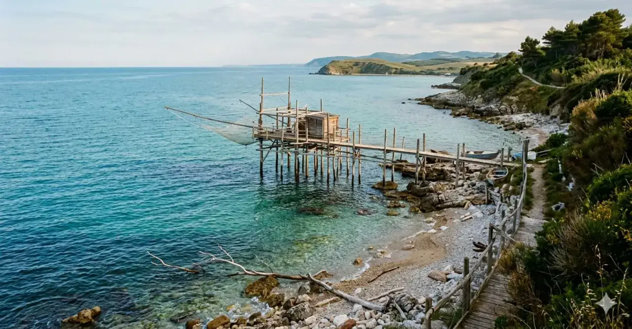Trabocco sull'abruzzo mare bello, con acque cristalline e costa rocciosa.